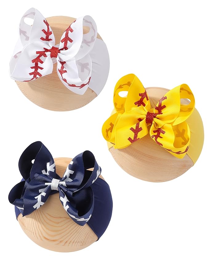 doboi 3PCS Baby Girl Cheer Bows Headbands Nylon Hairbands with Ribbon Bow Handmade Elastic Shiny Baby Hair Bows Headbands for Baby Girls Newborns Infants Toddlers and Kids-Football Sports Printed