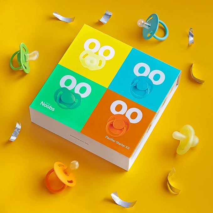Pacifier Starter Kit by LoveNoobs, 4 Pack, Pacifiers 0-6 Months, Baby Starter Kit, Newborn Silicone Dummy, Orthodontic, Teething Soothers, Newborn Gift, Yellow