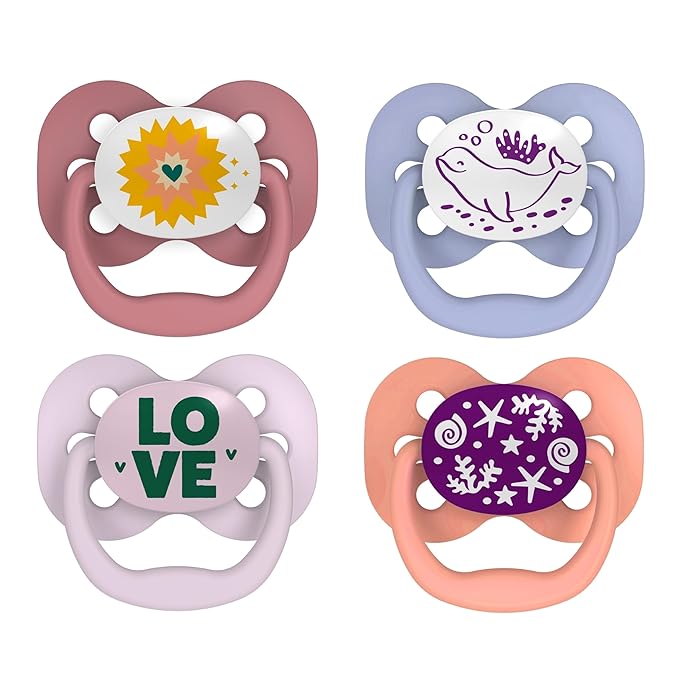 Dr. Brown's Advantage Baby Pacifier, Fully Symmetrical Soother with Soft Silicone Bulb, Glow-in-The-Dark Coral Ocean-Lavendar Love, 0-6m, BPA-Free, 4-Pack