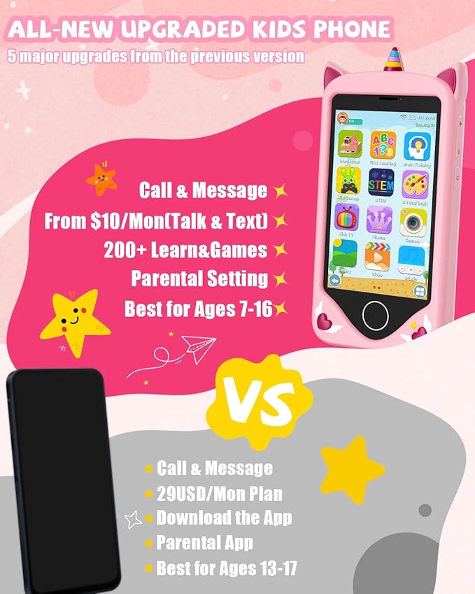 Kids Smart Phone for Girls - Safest Phone for Kid & Teens, Talk & Text - Kids Cell Phone Toy, 4.2'' Touchscreen, Dual Cameras, Games, 32GB Card (Blush)