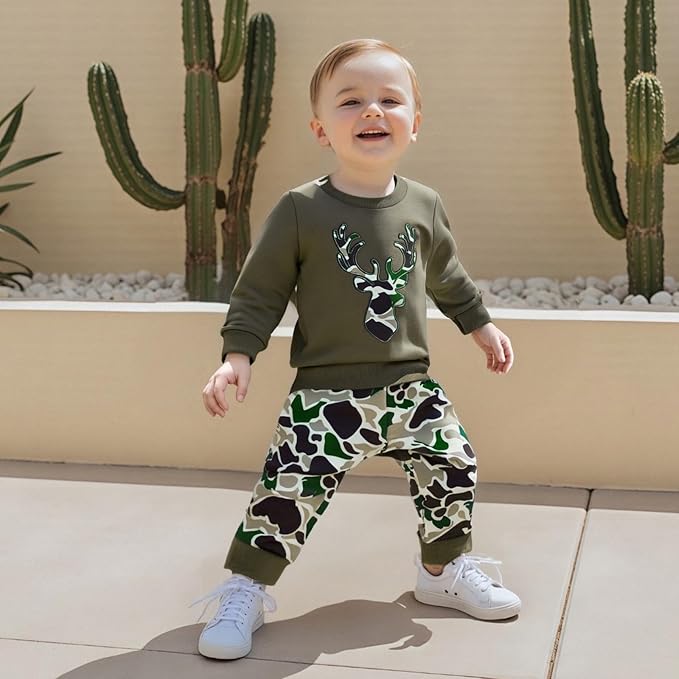 Muineobuka Toddler Baby Boy Hunting Clothes Reindeer Embroidery Sweatshirt and Camouflage Pants Outfits Baby Camo Clothing