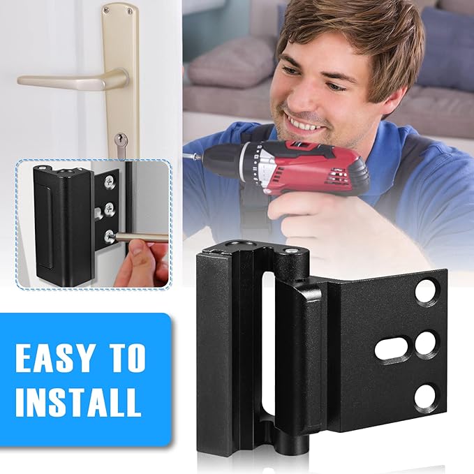 3Pack Home Security Door Reinforcement Lock, Childproof Safety Door Lock Latch Inside Stopper, Add High Security to Prevent Home Unauthorized Entry, Aluminum Construction Finish Black