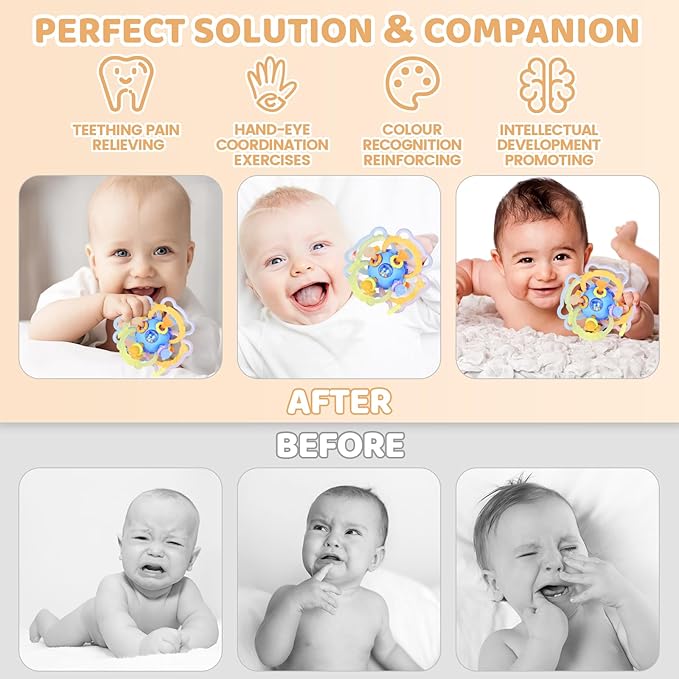 Baby Sensory Teething Toys, Baby Montessori Teether Toys for 0 3 6 9 12 18 Months, Silicone Tummy Time Toy with Rattle Ball for Newborn Infant, Learning Delopmental Gift for Boys Girls, Blue