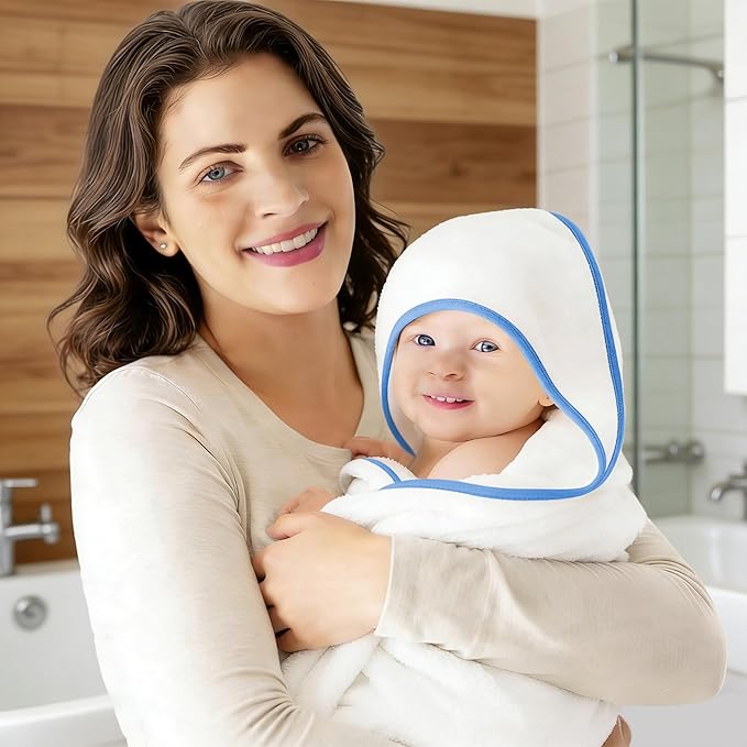 2 Pack Baby Bath Towel - Rayon Made from Bamboo, Ultra Soft Hooded Towels for Babies,Toddler,Infant - Newborn Essential -Perfect Baby Registry Gifts for Boy Girl (White and Navy Blue, 30 x 30 Inch)