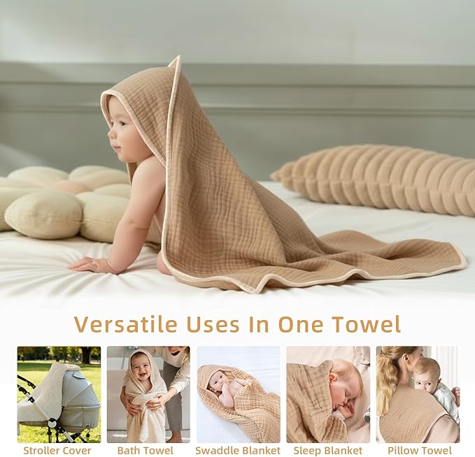 Hooded Baby Bath Towels for Newborn, 2 Pack - 6-Layer 100% Muslin Cotton, Soft Absorbent Hooded Towel with Hood for Babies, Infants & Toddlers, Large 32x32 Inch Unisex Newborn Baby Bath Essentials