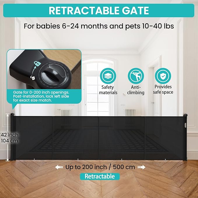 Upgrade Retractable Baby Gates Extra Wide (200" W x 42" H), 200 inch Reinforced Retractable Dog Gate to Prevent Crawling Through, Retractable Gate Outdoor/Indoor, Real One-Handed Operation, Black