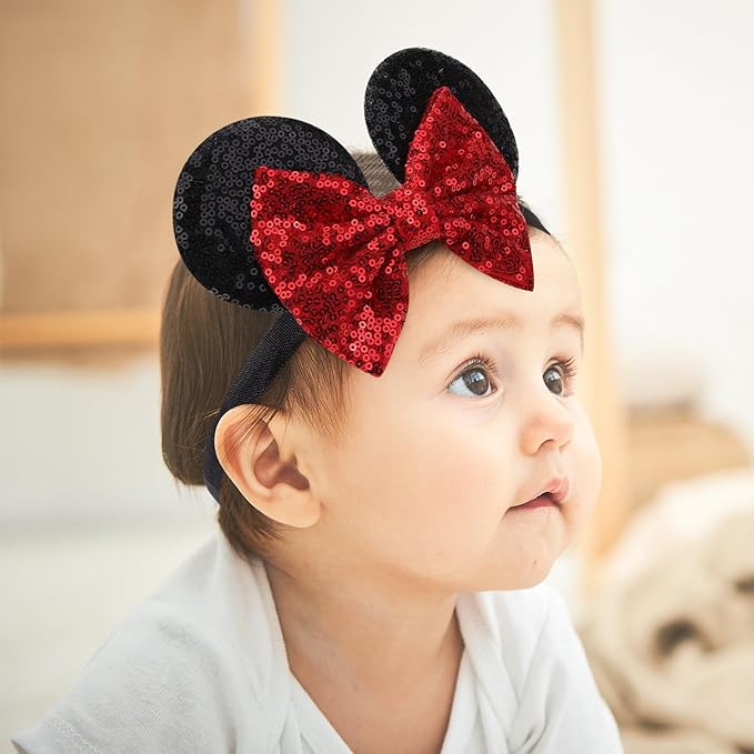 choicbaby Baby Girl Headbands Mouse Ears Headwrap with Sequin Polka Dot Bow Soft Stretchy Nylon Hair Bands for Newborn Infant Baby Toddler Girls- Pack of 2