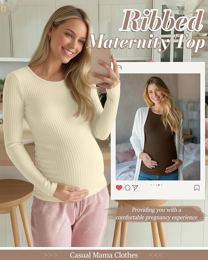 Huukeay 4 Pack Women's Maternity Shirts, Long Sleeve Cotton Ribbed Pregnancy Tops Side Ruched Crew Neck Casual Mama Clothes