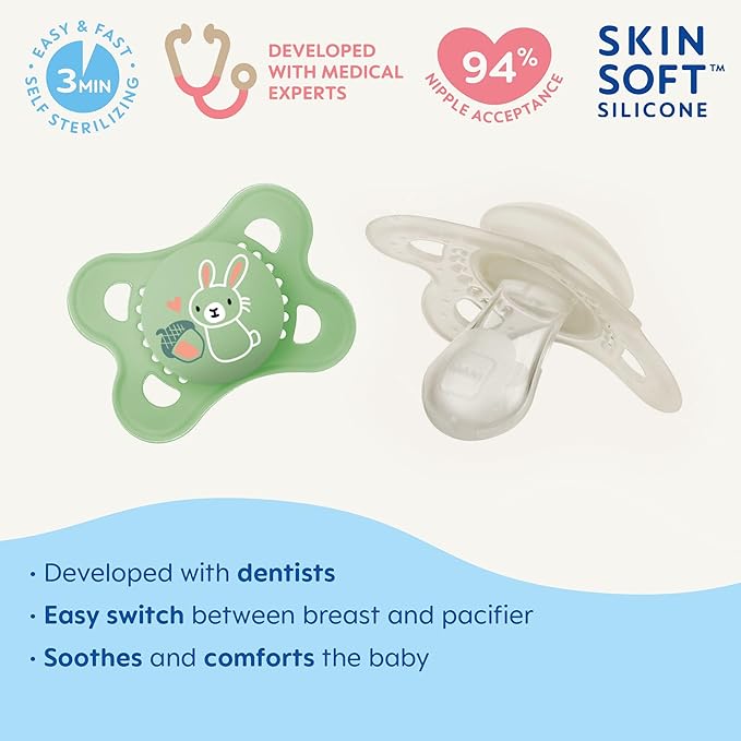 MAM Original Baby Pacifiers 0-6 Months, Binky for Newborn Babies, BPA-Free Skin Soft Silicone Nipple, Glows in The Dark, Developed with Medical Experts, 2 Count, Sterilizer Case, Made in Europe