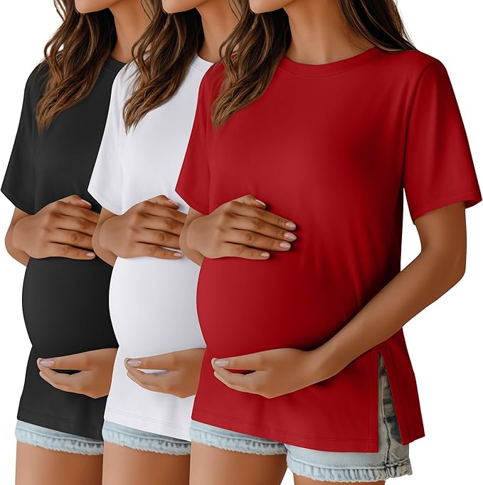 Ficerd 3 Pack Women's Maternity T Shirts, Short Sleeve Side Split Pregnancy Tops Casual Crew Neck Pregnant Tees Mama Clothes