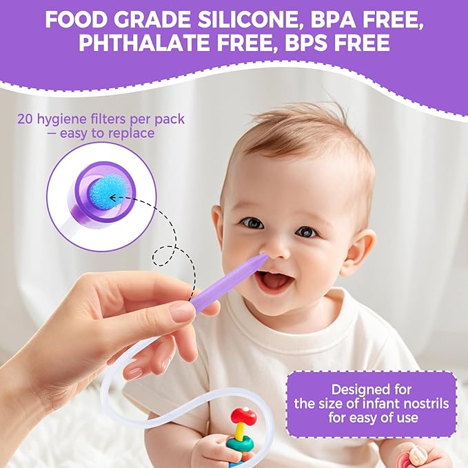 Nasal Aspirator for Baby with 20 Hygiene Filters Nose Sucker, Reusable Infant Nose Cleaner, Easy to Use and Clean, Custom-Sized for Newborns-Portable for Both Travel and Home Use-Purple