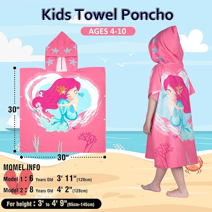 Hooded Kids Beach Towels - Toddler Bath Towel Girls Boys Swim Cover-ups for Ages 4 to 10 Kids Pool Towels Quick Dry Lightweight Soft Microfiber Poncho 30x30 with Bag (Mermaid Smile)
