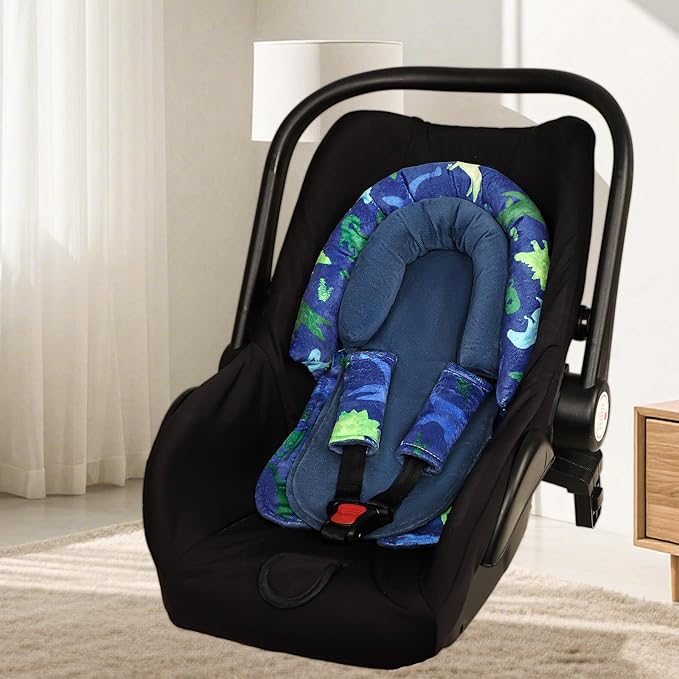 Baby Car Seat Head Support with Extra Headrest, 2-in-1 Babybody Supports with Shoulder Pads Set for Newborn, Adjustable Infant Car Seat Insert Compatible with Stroller, Baby Swing (Blue Dinosaur)
