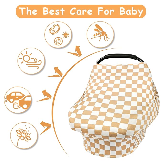 TANOFAR Car Seat Cover for Baby, Multi-Use Cover Carseat Canopy, High Stretchy & Breathable Infant Carseat Cover, Shower Gifts for Unisex Boys and Girls (Light Brown Checkerboard)