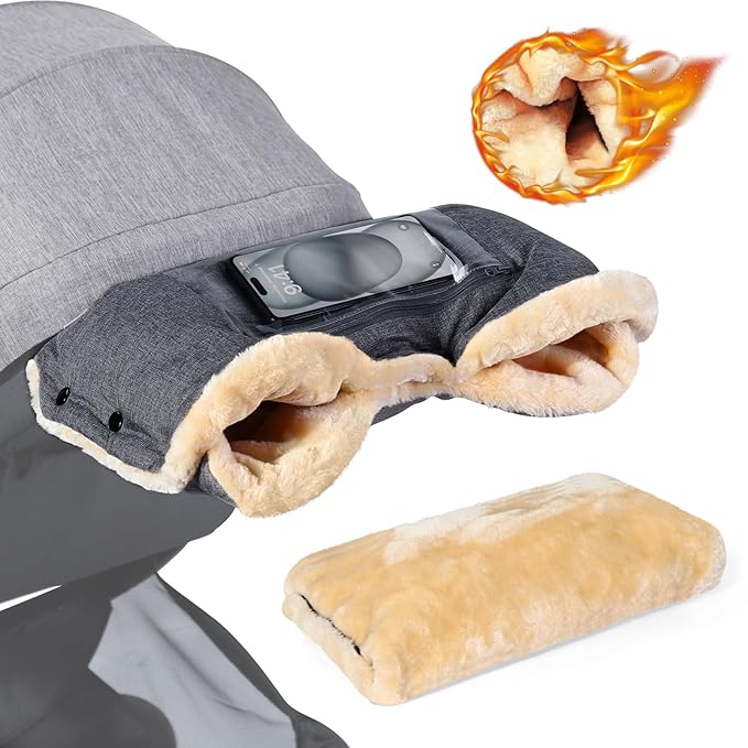 Orzbow Faux Sheepskin Stroller Gloves with Phone Pockets, Winter Extra Thick Mittens for Baby Stroller, Cozy & Warm, Anti-freeze Hand Muff Easily Attaches to Stroller for Parents Caregivers, Dark Gray