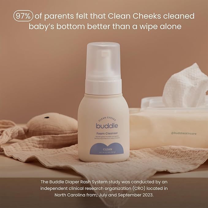 Buddle Clean Cheeks Foam Cleanser No-Rinse Baby Cleansing for Sensitive Skin, Paraben & Fragrance-Free, Pediatrician & Dermatologist Tested, 6.7oz
