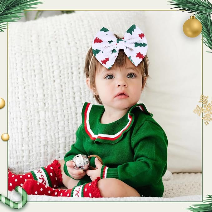 Christmas Baby Headbands, Santa Printed Elastic Nylon Hairbands in Red, White, Green for Newborn and Infant Girls, 3 Pcs (Christmas-A)
