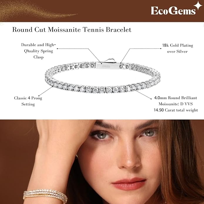 EcoGems Moissanite Tennis Bracelet for Women and Men – 18K White or Yellow Gold Plated Sterling Silver – Lab Grown D Color VVS Clarity Stones – Elegant Gift Box Included