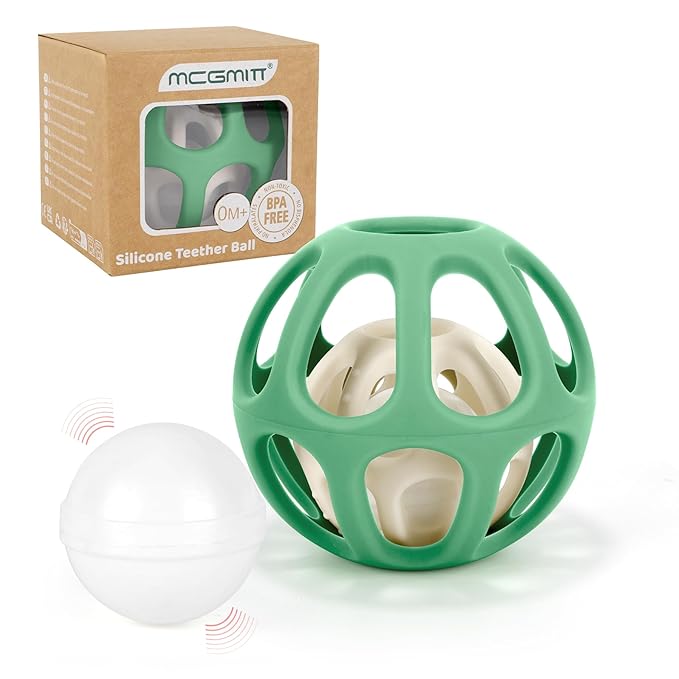 MCGMITT Baby Montessori Sensory Toys for 0-6 6-12 Months, Easy Grasp Silicone Baby Teether Teething Rattle Toy, BPA-Free Infant Teether Ball Chew Rattle Toys, Removable Inner Ball, Soft Hollow Design