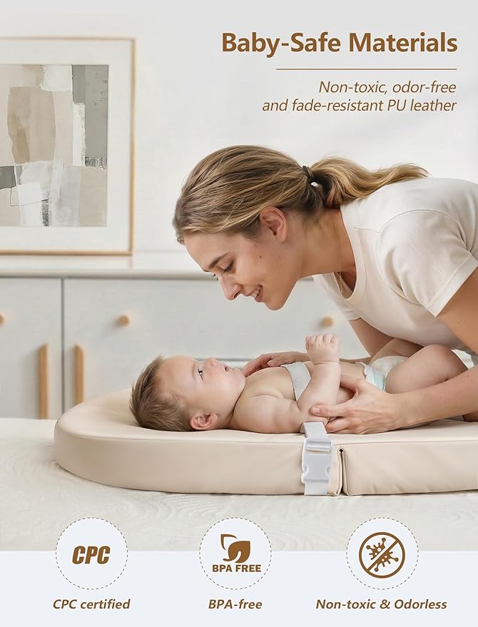 Wipeable Baby Changing Pad: Changing Pad Babies for Dresser Waterproof 31.5” * 15.7” with Removable Safety Strap for Diaper Changing on Table (Creamy White)