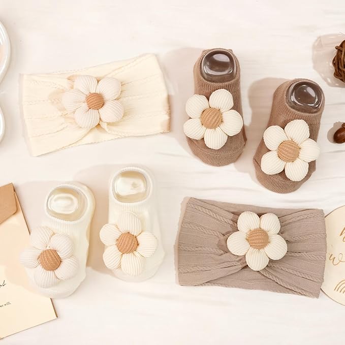 JOYOYO Baby Flower Headband and Socks, Cute Baby Girl Headbands and Soft Socks Sets for Toddler Newborn Infant Girl (Beige Pink Khaki)