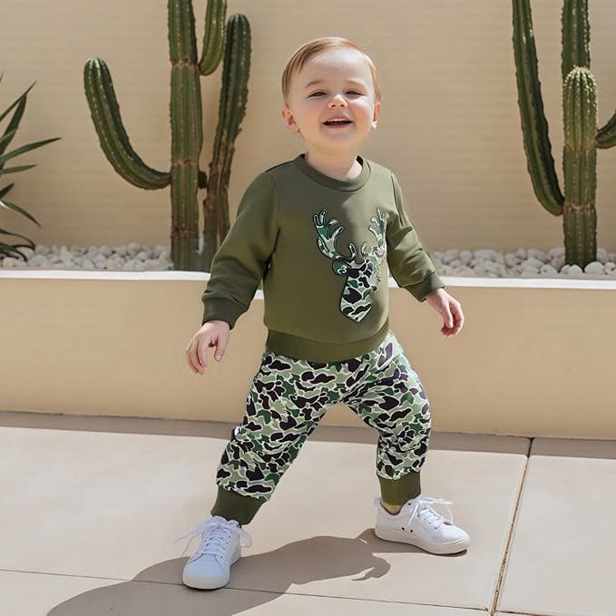 Muineobuka Toddler Baby Boy Hunting Clothes Reindeer Embroidery Sweatshirt and Camouflage Pants Outfits Baby Camo Clothing