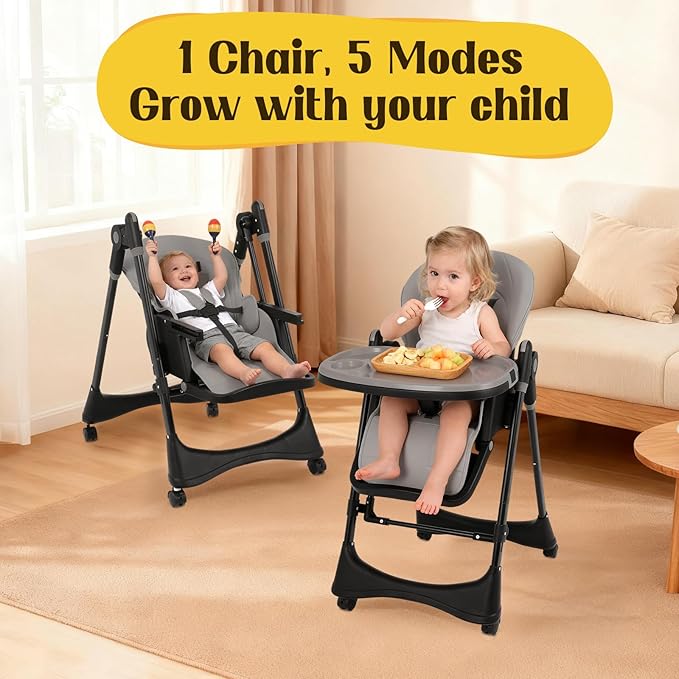 6-in-1 Convertible High Chair with Rocker | Baby High Chair for Newborn to Toddler (0-3 Years) | Adjustable, Foldable & Easy-Clean with Dishwasher Safe Tray & Tool-Free Assembly,Gray