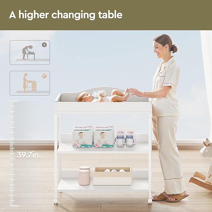 Baby Changing Table, Diaper Changing Station with Pad and Wheels, Two-Tier Open Storage Shelves, Waterproof Diaper pad & Safety Strap, Compact Baby Furniture for Nursery, White