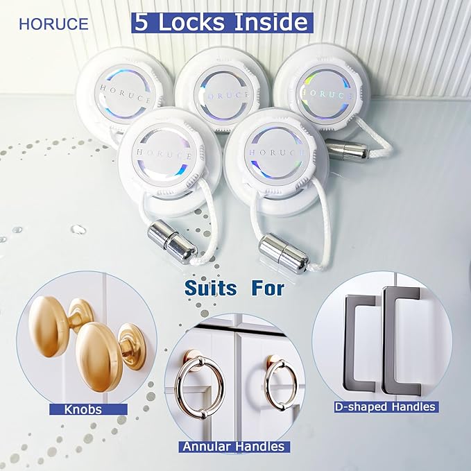5 Pack Cabinet Locks Baby Proofing For Knobs & Handles, Length Adjustable Child Safety Locks, Easy to Use Safety Child Locks No Drill No Screws No Adhesive No Magnets No Tools. (White)