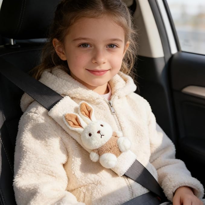 2 PCS Seat Belt Cover Pad, Cute Kawaii Animal Bunny Seatbelt Covers for Kids and Adults, Winter Plush Fluffy Soft Seat Belt Cover, Cartoon Seatbelt Cushion,Car Seat Strap Pads (D-Bunny)