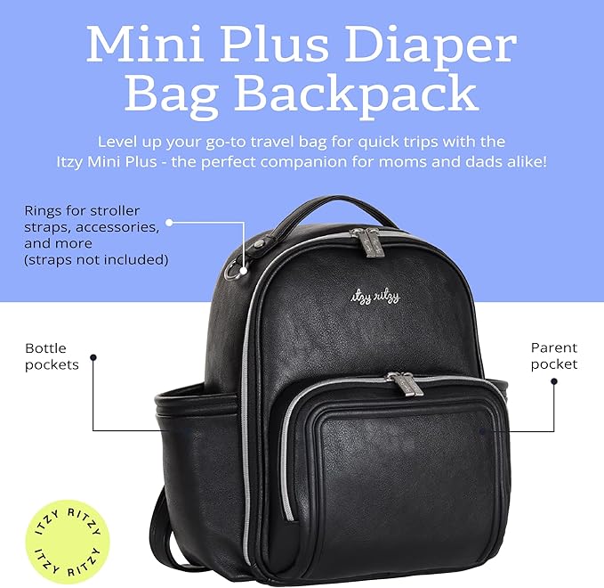 Itzy Ritzy Mini Diaper Bag Backpack – Chic, Compact Mini Plus Backpack with Changing Pad, 10 Pockets (6 Internal, 4 External), Grab-Top Handle & Rubber Feet (Black w/Silver Hardware)