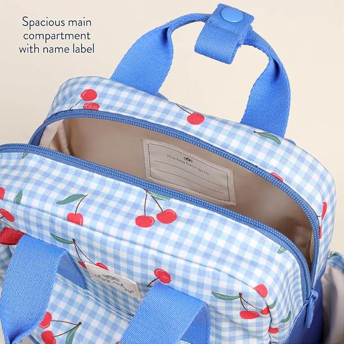 Itzy Ritzy Toddler Backpack - Daycare Bag - Features Adjustable Shoulder Straps, 2 Side Pockets & Spacious Interior with Wipeable Fabric Lining & Name Label, Cherry
