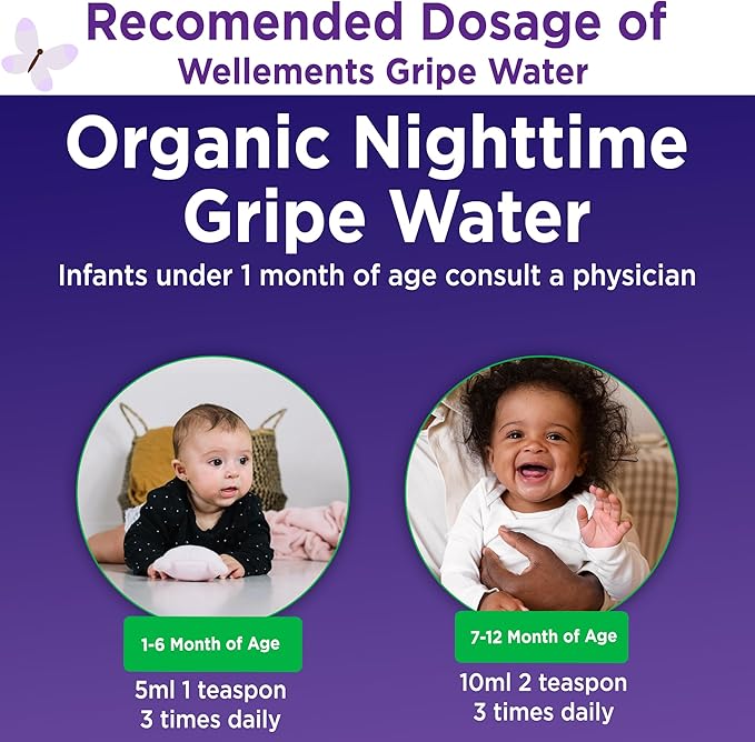 Wellements Organic Nighttime Gripe Water for Babies 1 Month+ (4 Fl Oz) - Baby Gripe Water for Bedtime Relief Gas, Colic & Fussiness - Herbs Promote a Peaceful Night’s Sleep - USDA Certified & Non GMO