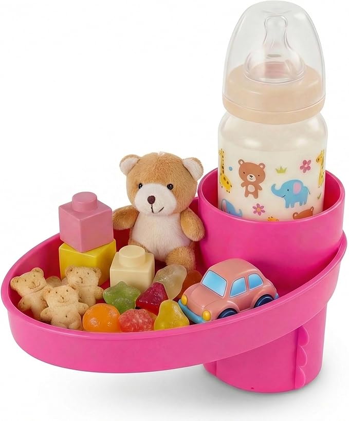 Car Seat Tray - for Cup Holders in 2.5”-2.8”,Easily Expands Snack Tray Cup Holder Tray into 360° Cup & Travel Tray for Kids Car Seat, Booster, and Stroller (Pink)