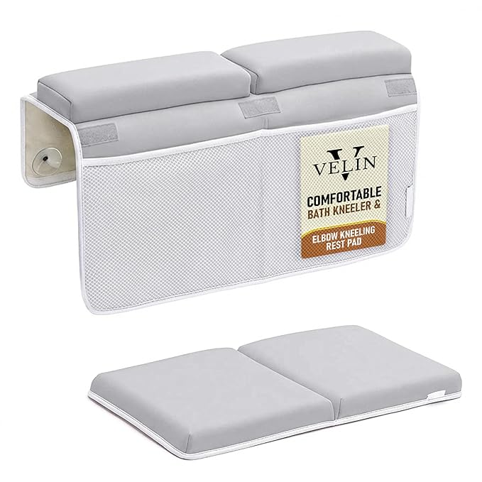 Bath Kneeler and Elbow Rest Pad Set for Baby Bathing – Thick Comfortable Foam Kneeling Pads with Non-Slip Base, Toy Organizer Pockets, Quick-Dry Foldable Bathtub Cushion for Parents & Toddlers (Grey)