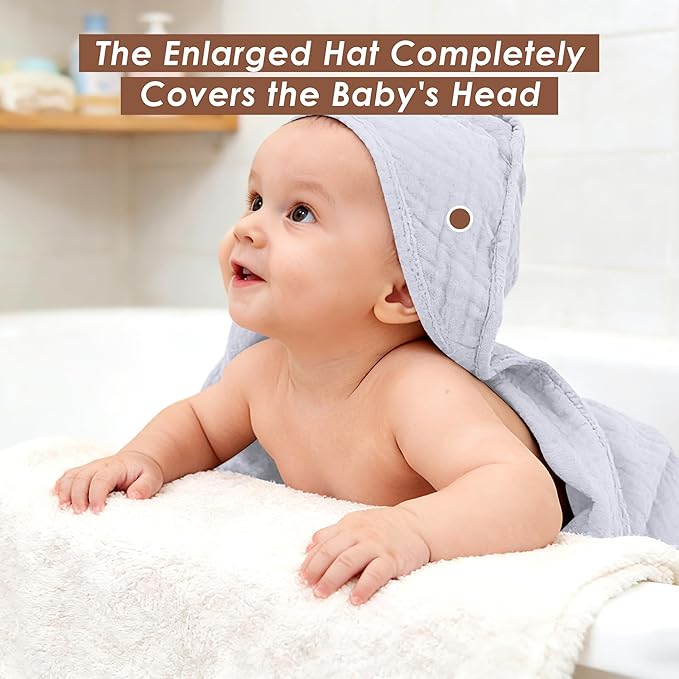 3-Pack Muslin Hooded Baby Towels, 100% Cotton, Ultra-Soft & Absorbent Baby Bath Towels with Hood for Babies, Infant, Toddler and Newbron (Grey, Green and Slate,32" x 32")