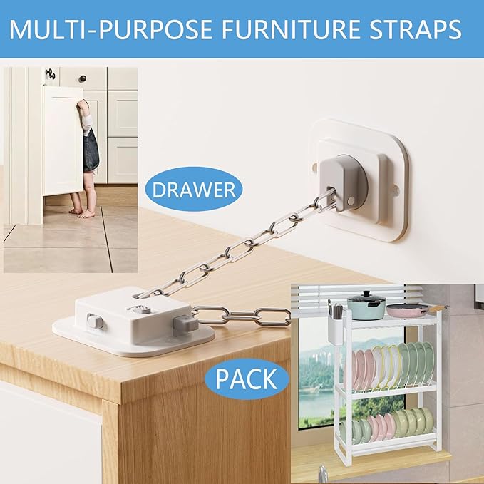 YEYA Upgraded Anti-Tip No Drill Furniture Anchor with Strong 3M Adhesive Backing 10" Adjustable Steel Cable Straps, Baby Proofing Wall Anchors for Child Safety, Playroom Essentials 2P