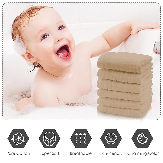 Cute Castle 12 Pack Muslin Baby Washcloths - Large 12'' by 12'' - Ultra Soft 100% Cotton - Super Absorbent Burp Cloths for Unisex, Boy, Girl -Brown