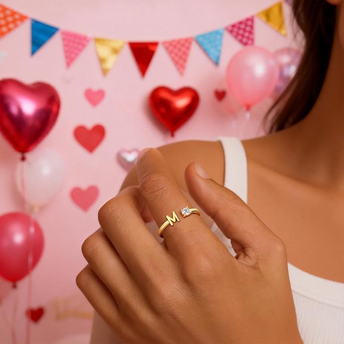 Valentines Day Gifts for Kids Teen Girls, 14K Gold Plated Adjustable Initial Rings for Women Teen Girl Trendy Stuff Birthday Valentines Day Gifts for Women Wife Mom Jewelry