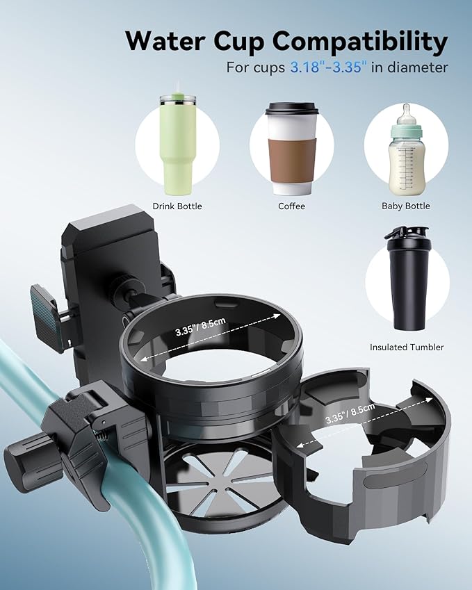 3-in-1 Universal Wheelchair Cup Holder for Walker, 360° Rotating Phone Holder with 2 Drink Holder for Bike, Rollator, Stroller, Scooter, Seniors, Bicycle, Safe and Stable, Black