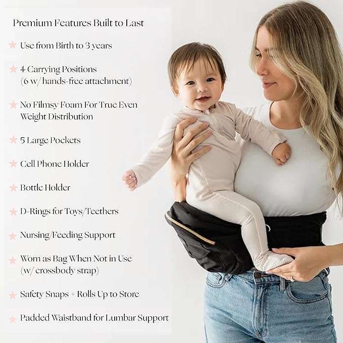 Tushbaby Original Hip Seat Baby Carrier for Babies & Toddlers up to 45 lbs, Safety Certified, Lightweight No-Foam Design with Storage & Nursing Support, Black & Gold