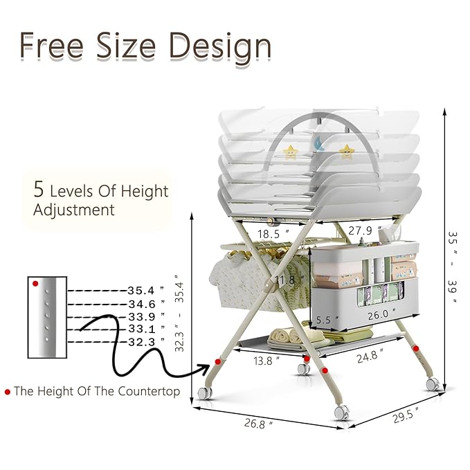 Changing Table, Portable Baby Changing Table with Wheels, Upgraded Foldable Diaper Changing Station with 5-Level Adjustable Height & Large Nursery Organizer Storage for Newborn Infant