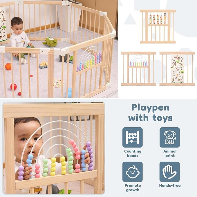 Foldable Wooden Baby Playpen Activity Center,Adjustable Size & Shape Portable Play Yard, Baby Fence Play Area with Gate for Indoor Use for Babies and Toddlers(84x56x24inches)