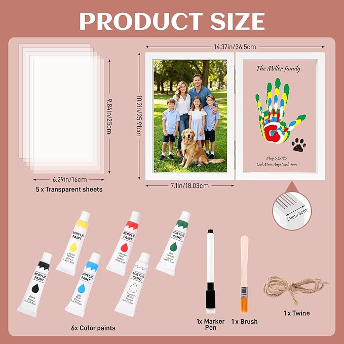 Family Handprint Kit, DIY Baby Hand and Footprint Handmade Keepsake Wooden Frame, Family Gifts with 6 Non-Toxic Baby-Safe Paint, Ideas Gift for New Parents, Grandparents, Father's Day, Mother's Day