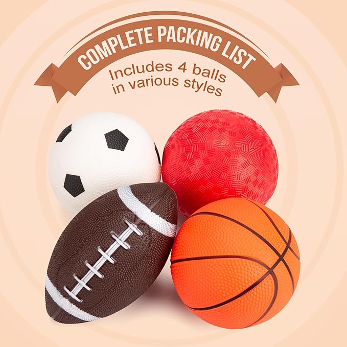 Soft Balls for Toddlers 1-3 3-5, Easy to Grip Toddler Toys 4 Pack 5" Small Balls & Pump - Mini Football Soccer Basketball Dodgeball - First Birthday Gift Easter Basket Stuffers for Babies Boys Girls