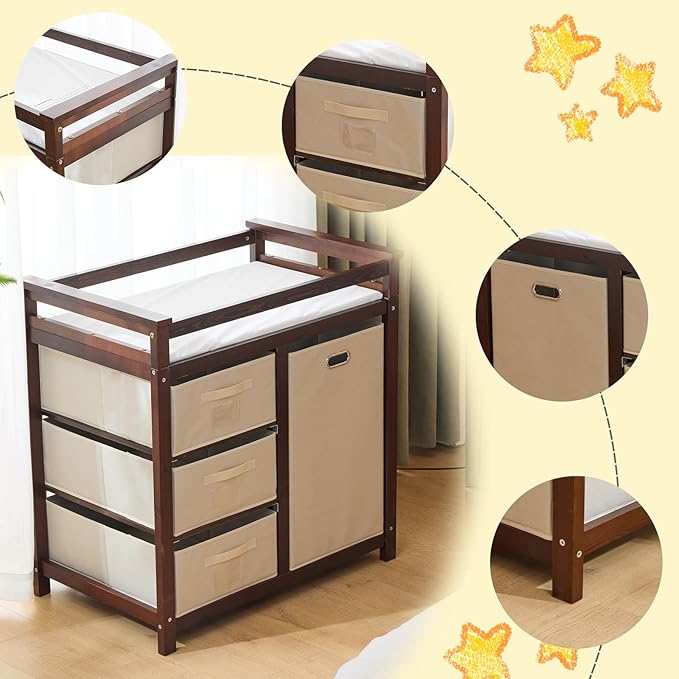 Karl home Modern Baby Changing Table,Dresser Baby Diaper Changing Station with Laundry Hamper,Infant Nursing Table with 3 Storage Drawers,Removable Safety Rail & Strap for Bedroom,Nursery,Brown