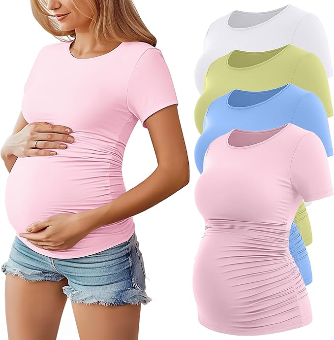 Huukeay 4 Pack Women's Maternity Shirts, Crew Neck Maternity Top Short Sleeve Casual Cotton Tee Side Ruched Pregnancy Clothes