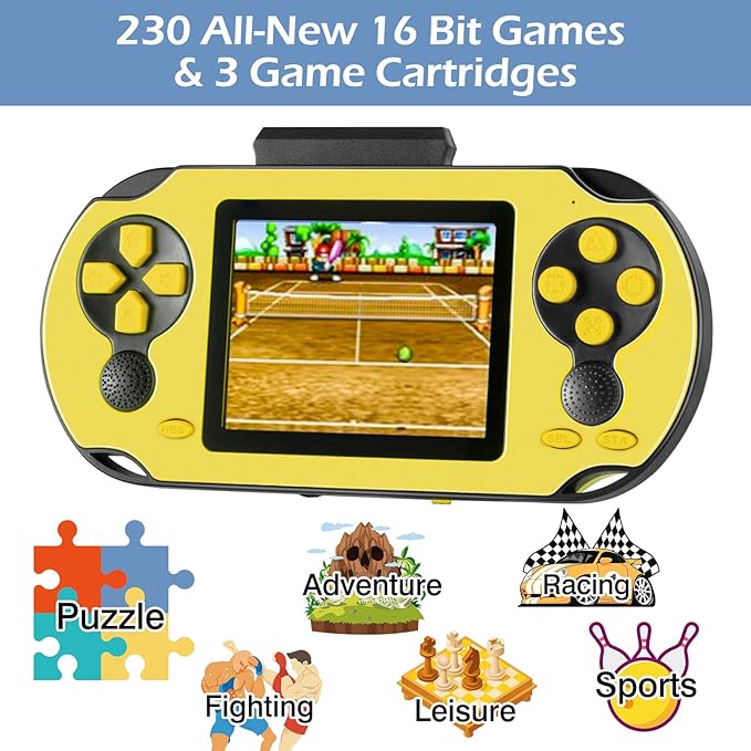 16 Bit Handheld Game for Kids Adults, 3.0'' Large Screen Preloaded 230 HD Classic Retro Video Games with USB Rechargeable Battery & 3 Game Cartridges for Birthday Gift for Kids 4-12 (Yellow)