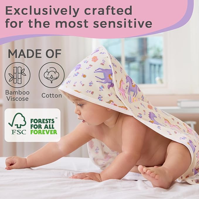 2 Pack Baby Hooded Towel,Viscose for Bamboo Baby Bath Towels Soft for Newborn, Baby Girls Shower Gifts, Bath Essential for Toddlers Girls (Unicorn, 29”x 29”)