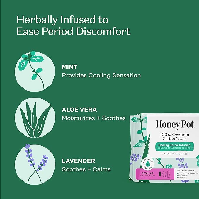 The Honey Pot Company - 80ct - Herbal Sanitary Pads for Women - Regular Flow w/Wings - Infused w/Essential Oils for Cooling Effect & Organic Cotton Cover - Feminine Care